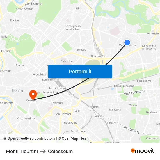 Monti Tiburtini to Colosseum map