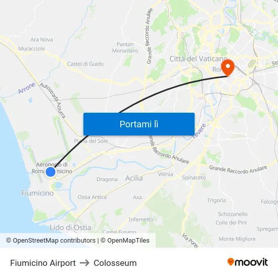 Fiumicino Airport to Colosseum map