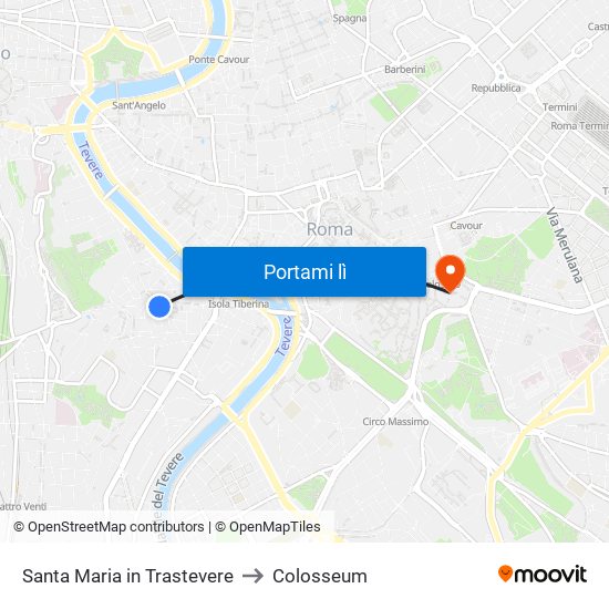 Santa Maria in Trastevere to Colosseum map