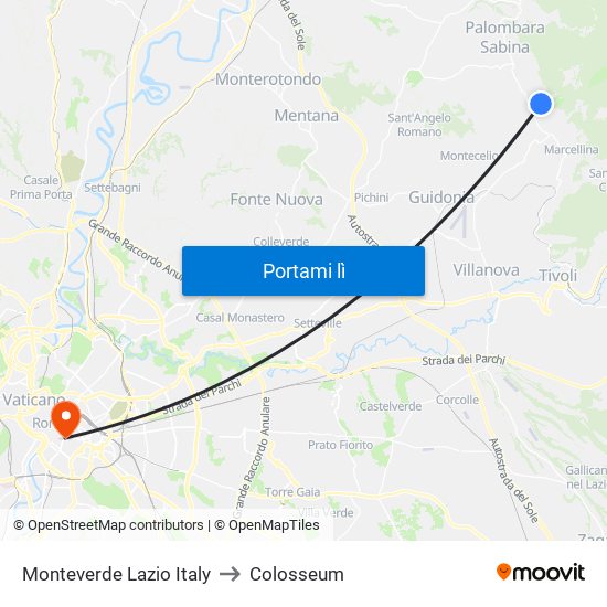 Monteverde Lazio Italy to Colosseum map