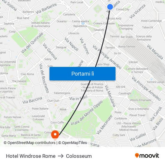 Hotel Windrose Rome to Colosseum map