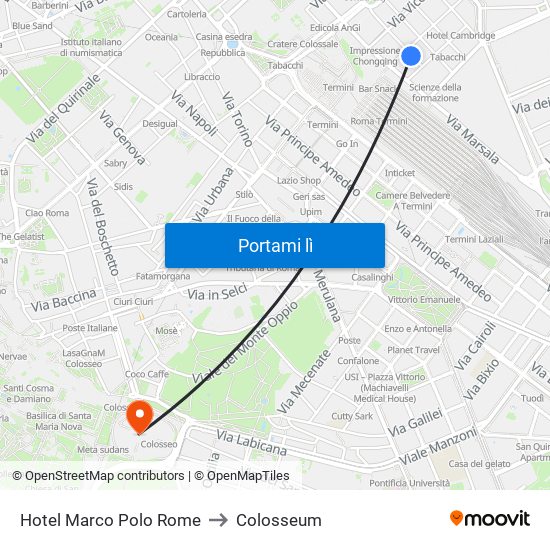 Hotel Marco Polo Rome to Colosseum map