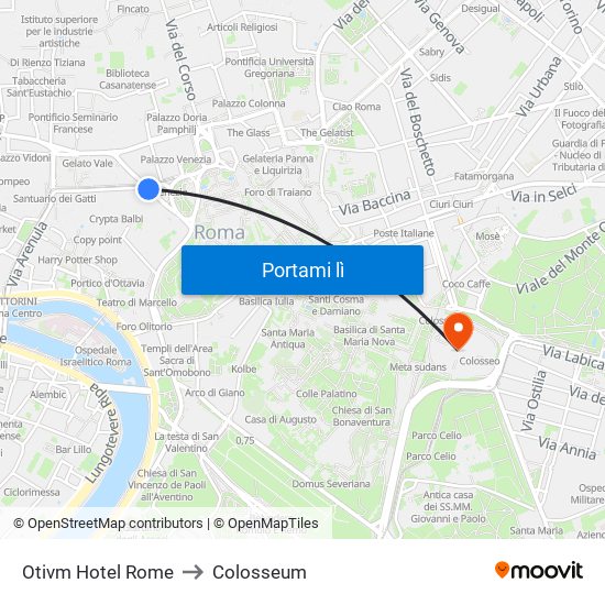 Otivm Hotel Rome to Colosseum map