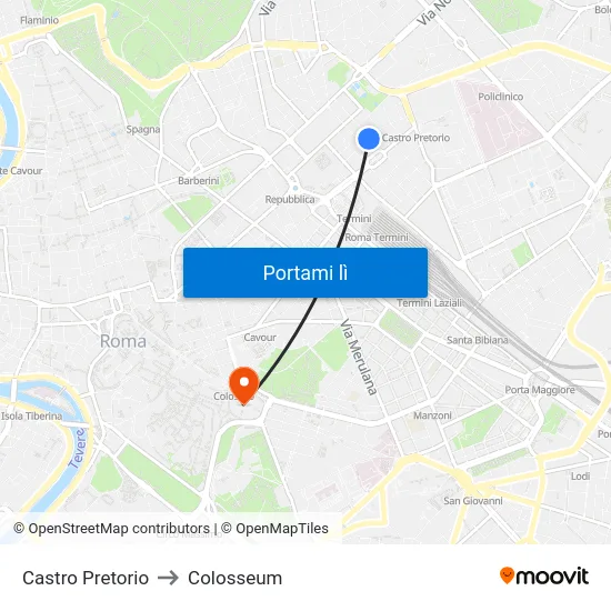 Castro Pretorio to Colosseum map