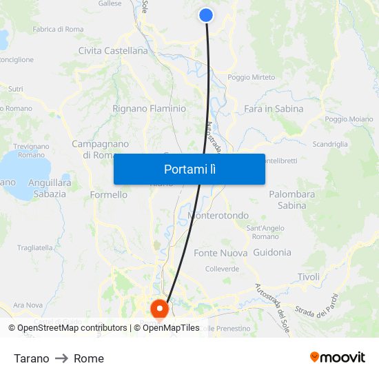 Tarano to Rome map