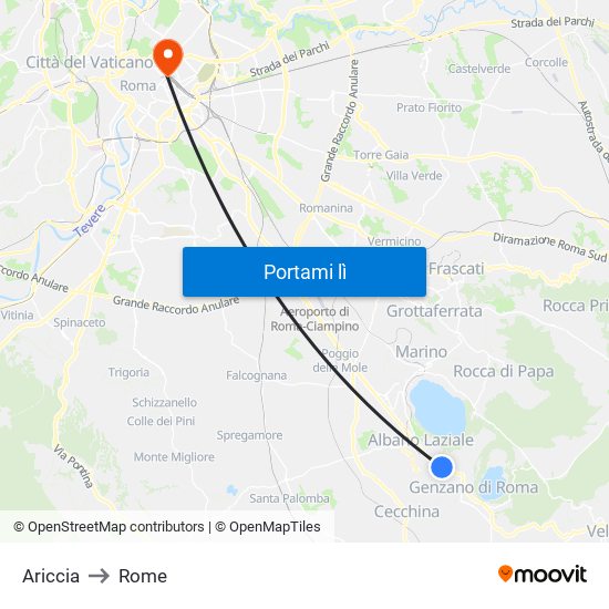Ariccia to Rome map