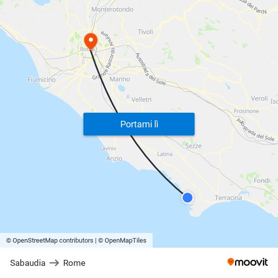 Sabaudia to Rome map