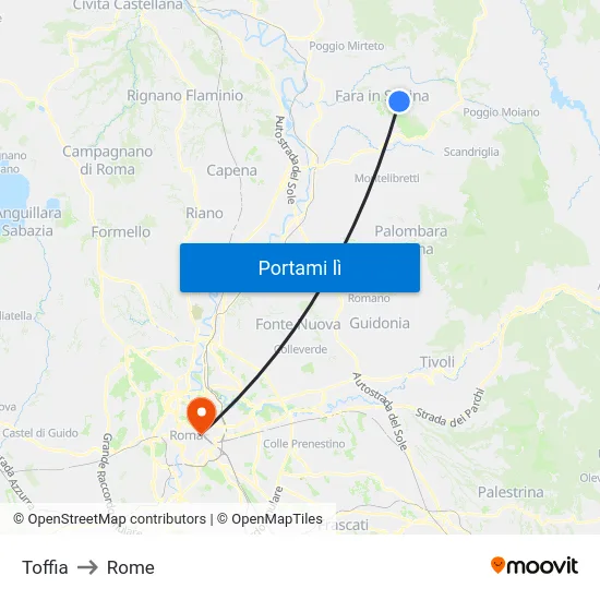 Toffia to Rome map