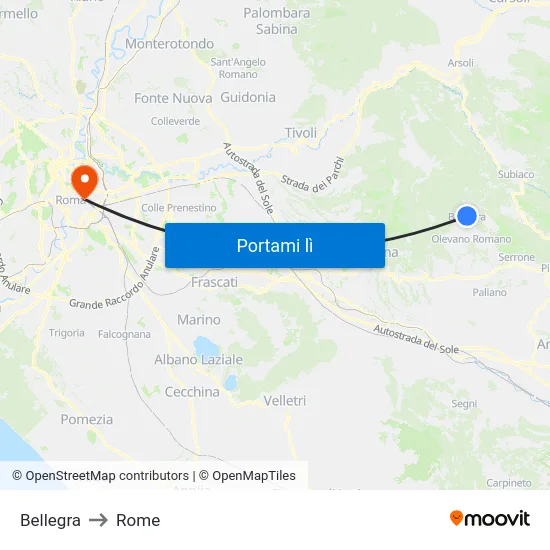 Bellegra to Rome map