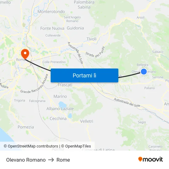 Olevano Romano to Rome map
