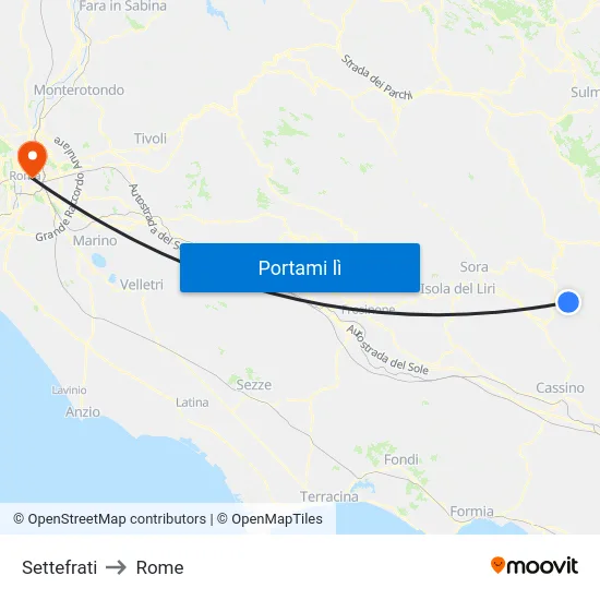 Settefrati to Rome map