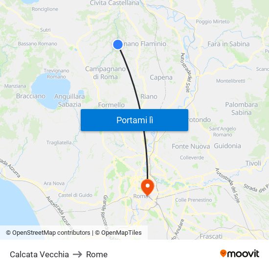 Calcata Vecchia to Rome map
