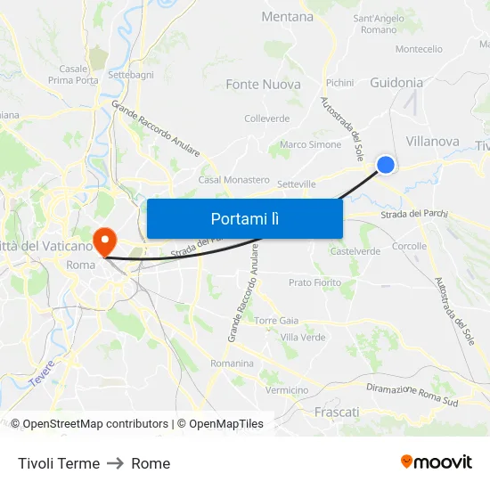 Tivoli Terme to Rome map