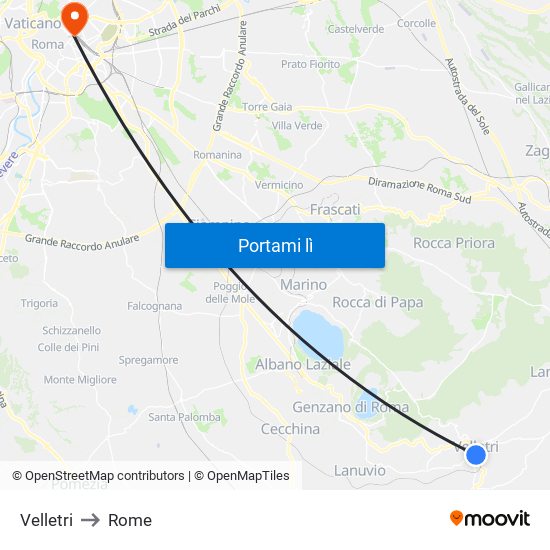 Velletri to Rome map