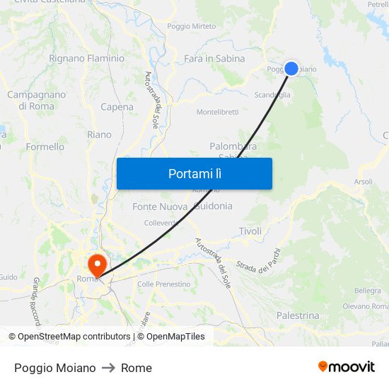 Poggio Moiano to Rome map