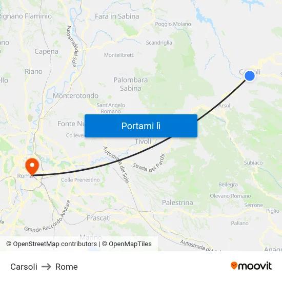 Carsoli to Rome map