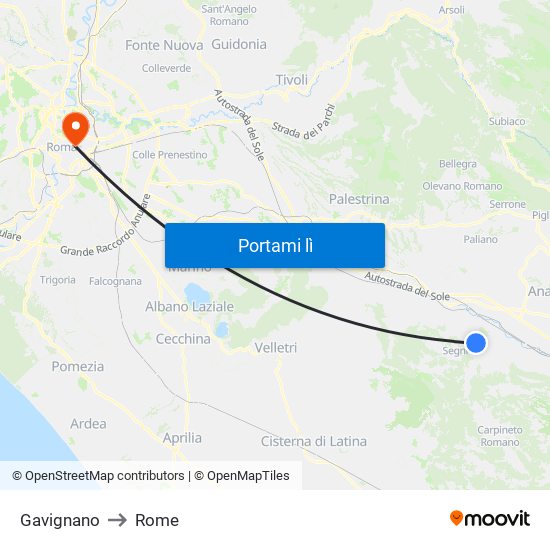 Gavignano to Rome map