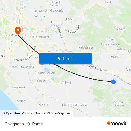 Gavignano to Rome map