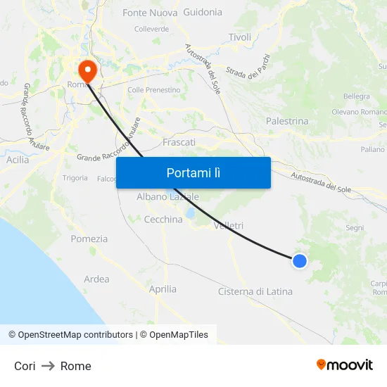 Cori to Rome map