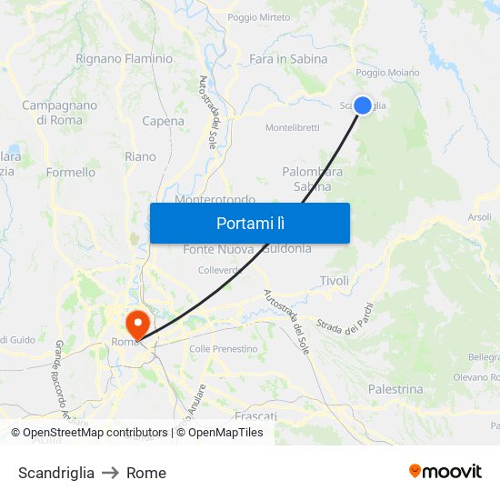 Scandriglia to Rome map