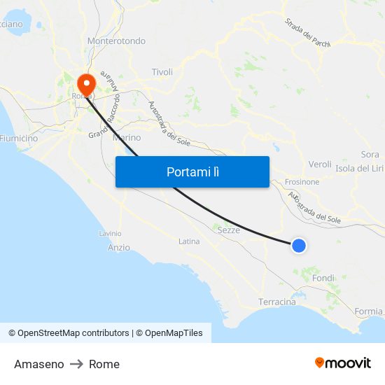 Amaseno to Rome map