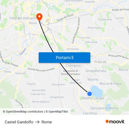 Castel Gandolfo to Rome map