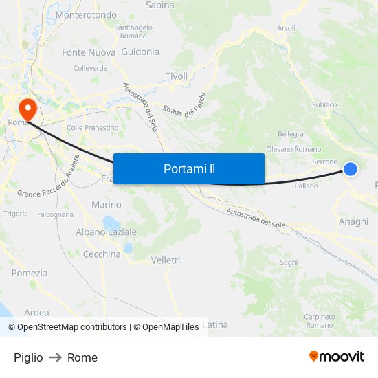 Piglio to Rome map