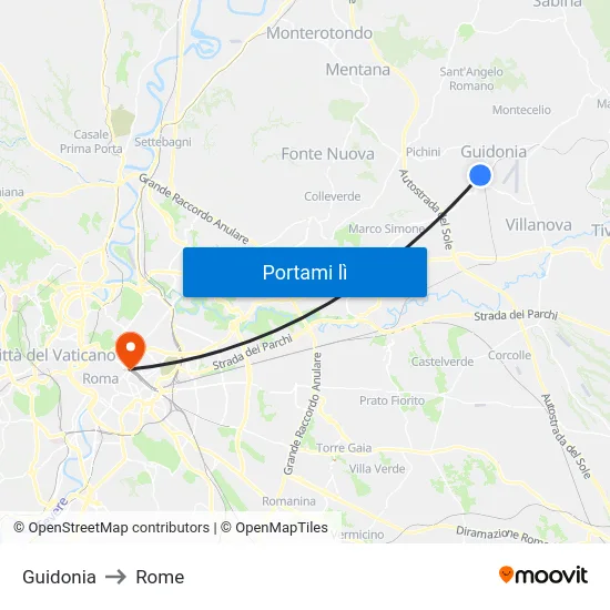 Guidonia to Rome map