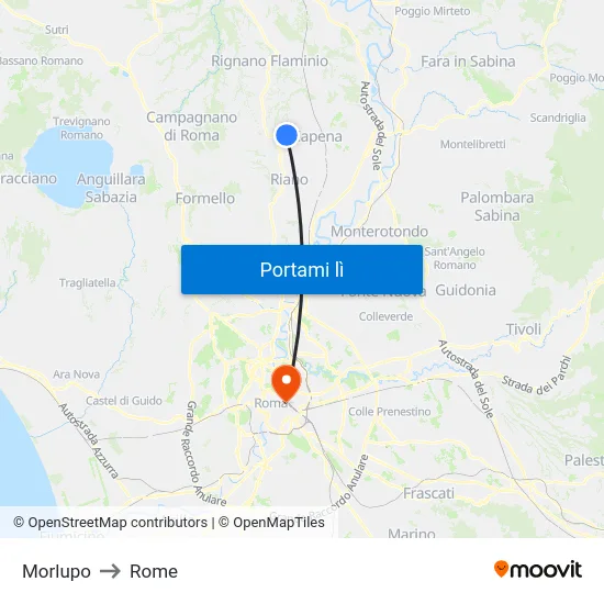 Morlupo to Rome map