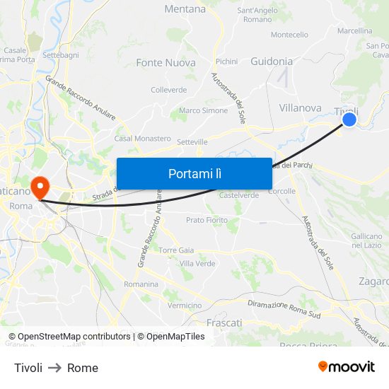 Tivoli to Rome map