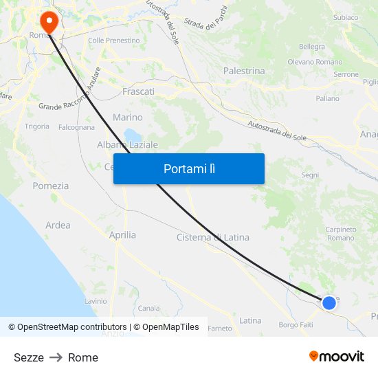 Sezze to Rome map