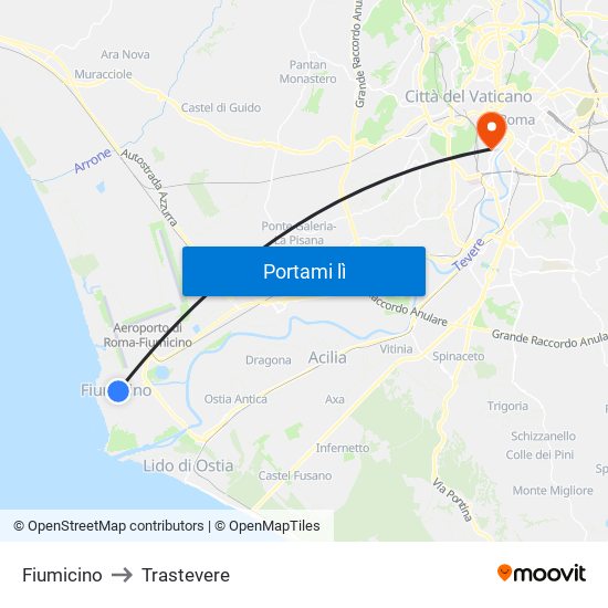 Fiumicino to Trastevere map