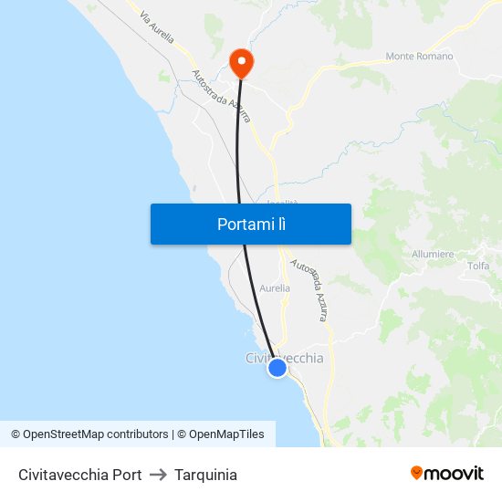 Civitavecchia Port to Tarquinia map
