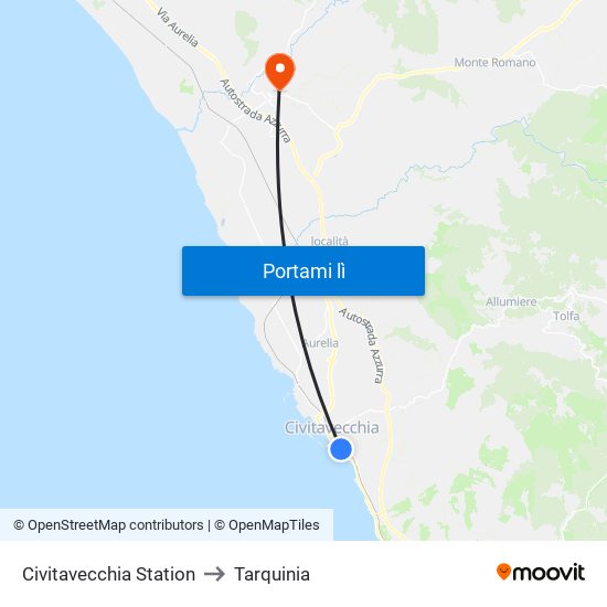 Civitavecchia Station to Tarquinia map