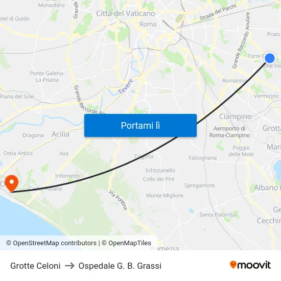 Grotte Celoni to Ospedale G. B. Grassi map