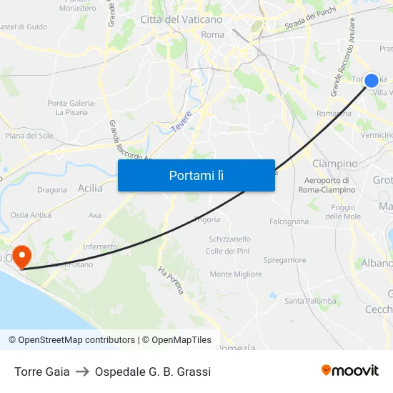 Torre Gaia to Ospedale G. B. Grassi map