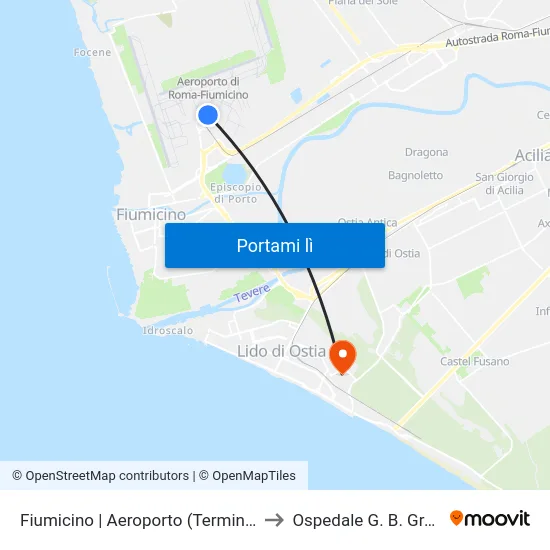 Fiumicino | Aeroporto (Terminal 1) to Ospedale G. B. Grassi map