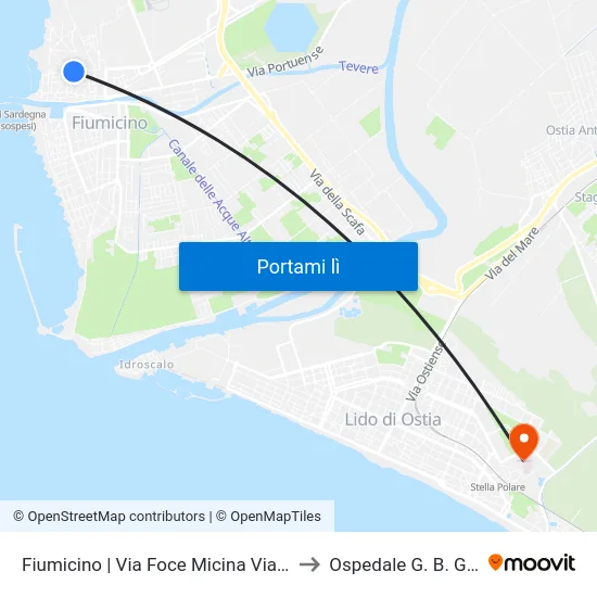 Fiumicino | Via Foce Micina Via Canale to Ospedale G. B. Grassi map