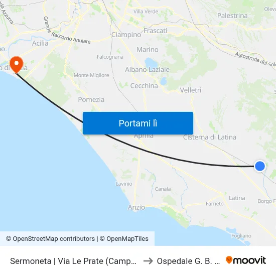 Sermoneta | Via Le Prate (Campo Sportivo) to Ospedale G. B. Grassi map
