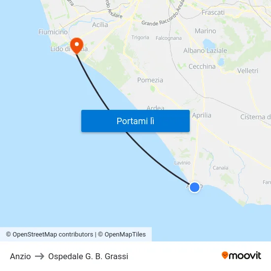 Anzio to Ospedale G. B. Grassi map