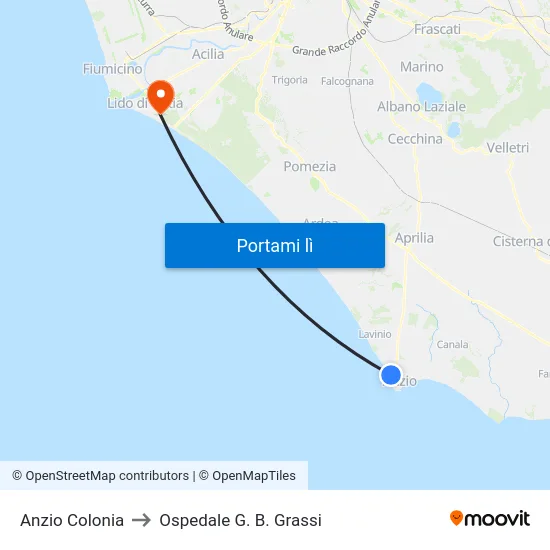 Anzio Colonia to Ospedale G. B. Grassi map