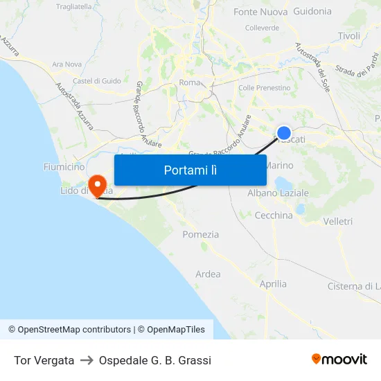 Tor Vergata to Ospedale G. B. Grassi map