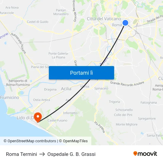 Roma Termini to Ospedale G. B. Grassi map