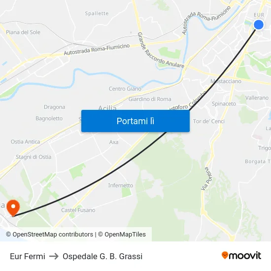 Eur Fermi to Ospedale G. B. Grassi map