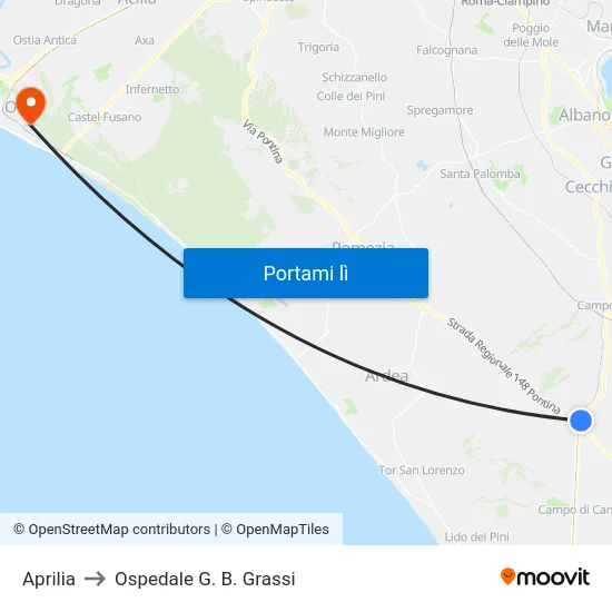 Aprilia to Ospedale G. B. Grassi map
