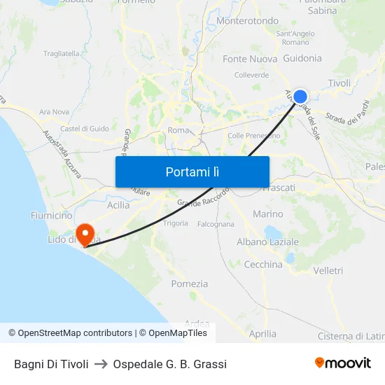 Bagni Di Tivoli to Ospedale G. B. Grassi map