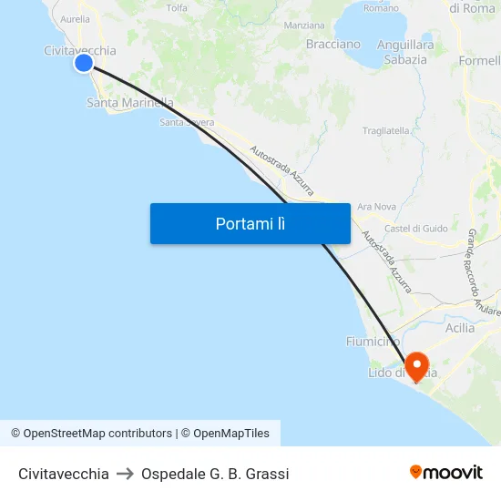 Civitavecchia to Ospedale G. B. Grassi map