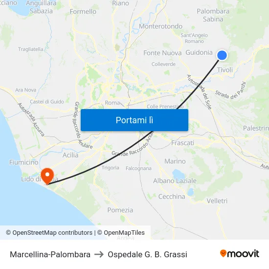 Marcellina-Palombara to Ospedale G. B. Grassi map