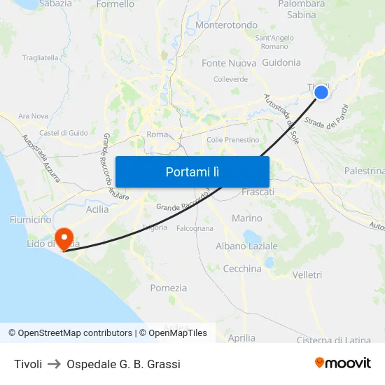 Tivoli to Ospedale G. B. Grassi map