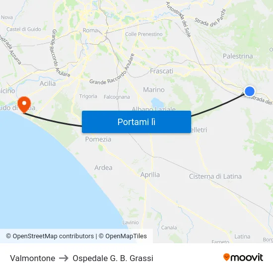 Valmontone to Ospedale G. B. Grassi map